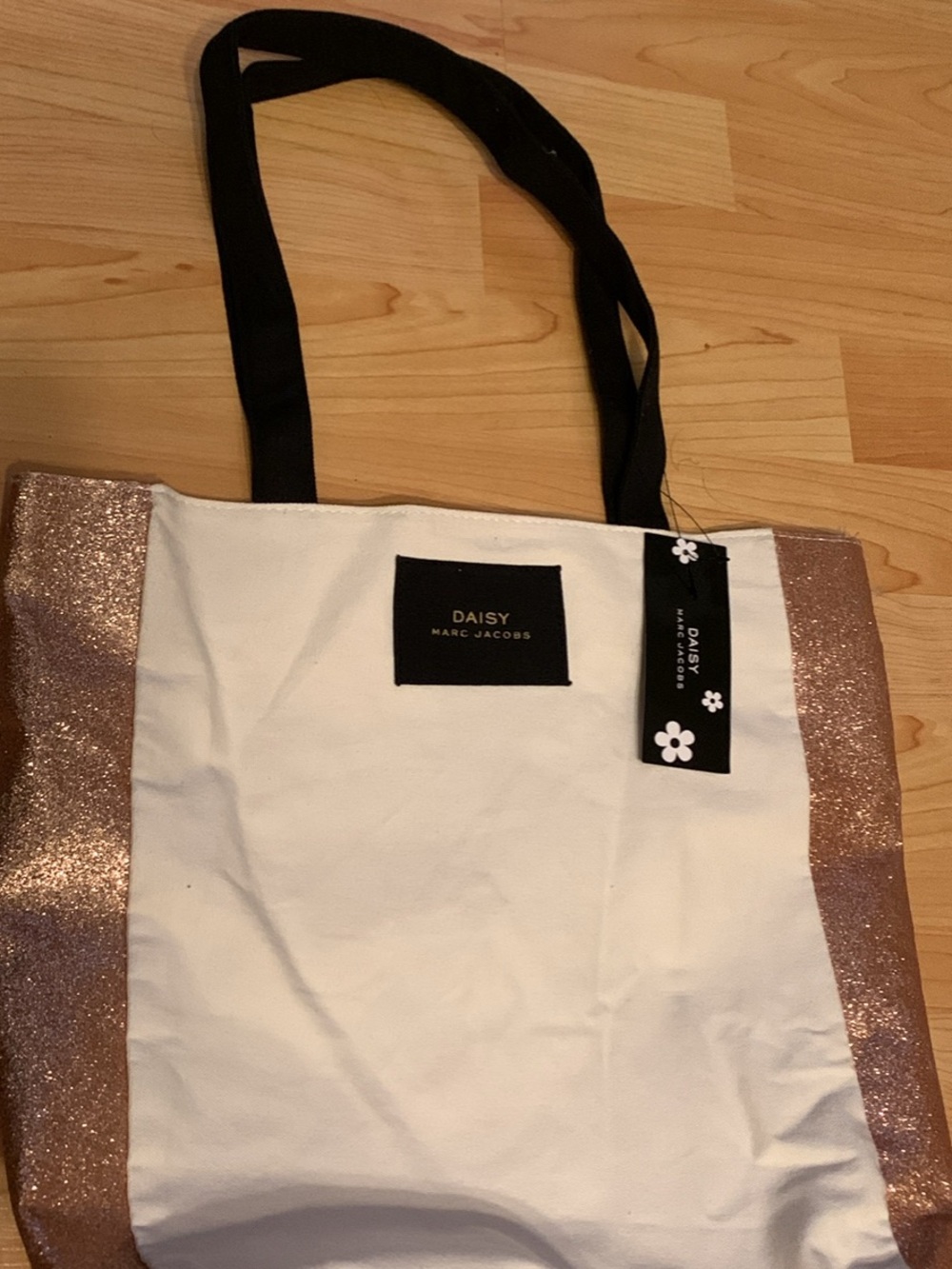 Marc Jacobs Daisy White Canvas Tote with Rose Gold Glitter Sides